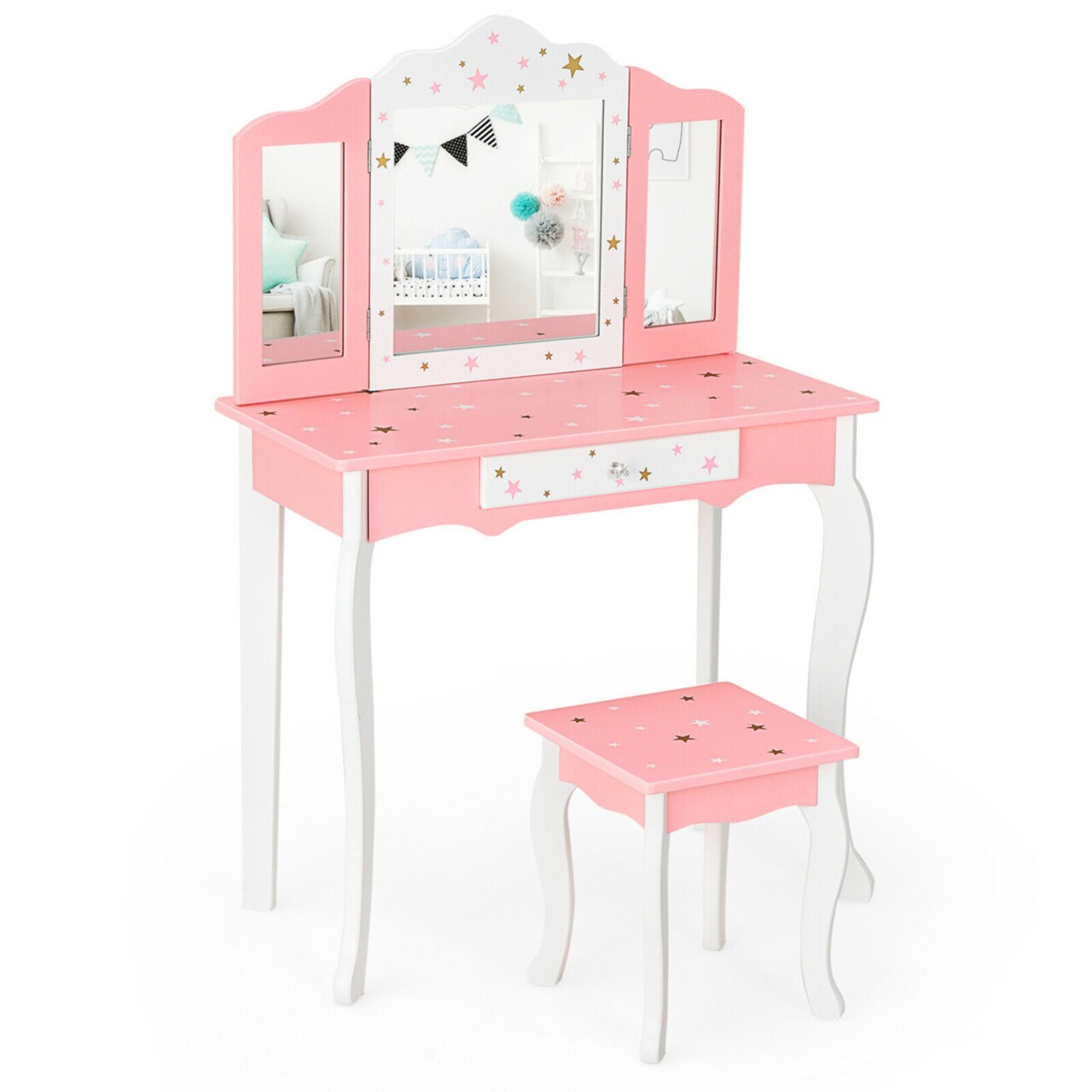 Kids Vanity Princess Makeup Dressing Table Chair Set W/ Tri-Folding Mirror